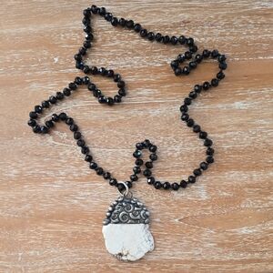 Chic Black Beaded Necklace with Silver Pendant